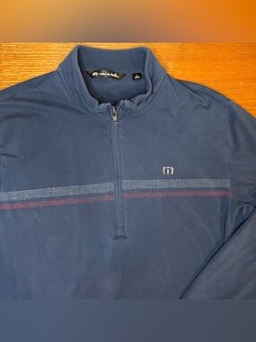 Travis Mathew Mens Large 1/4 Zip Pullover Blue Striped Performance Layer Golf